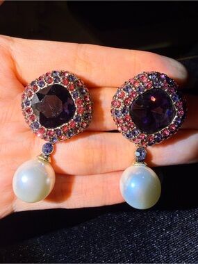Gold-Tone Drop Earrings with Purple Gems and Cream Pearls